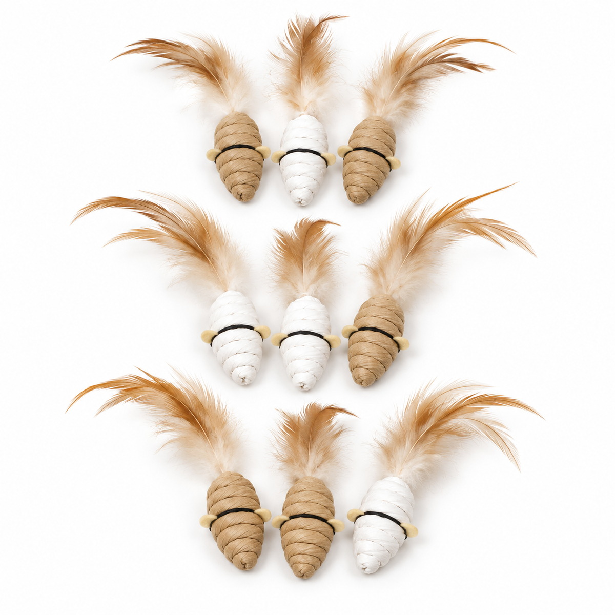 LitterBond Paper Rope Feather Mice, assorted 3 sets (9 mice) on a white background