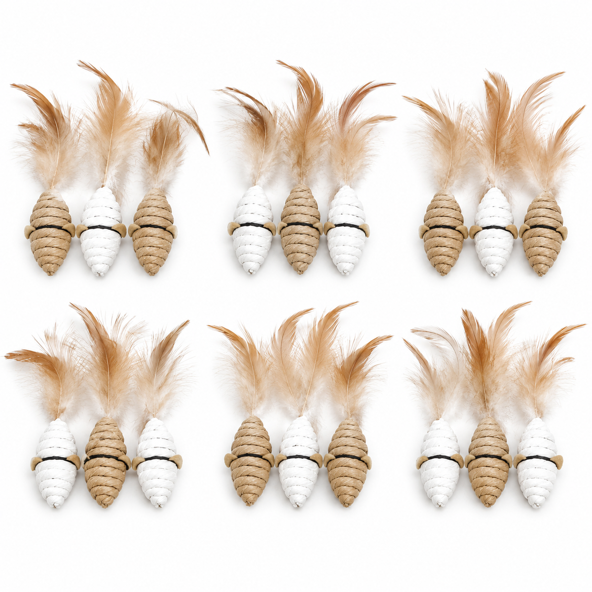 LitterBond Paper Rope Feather Mice, assorted 6 sets (18 mice) on a white background