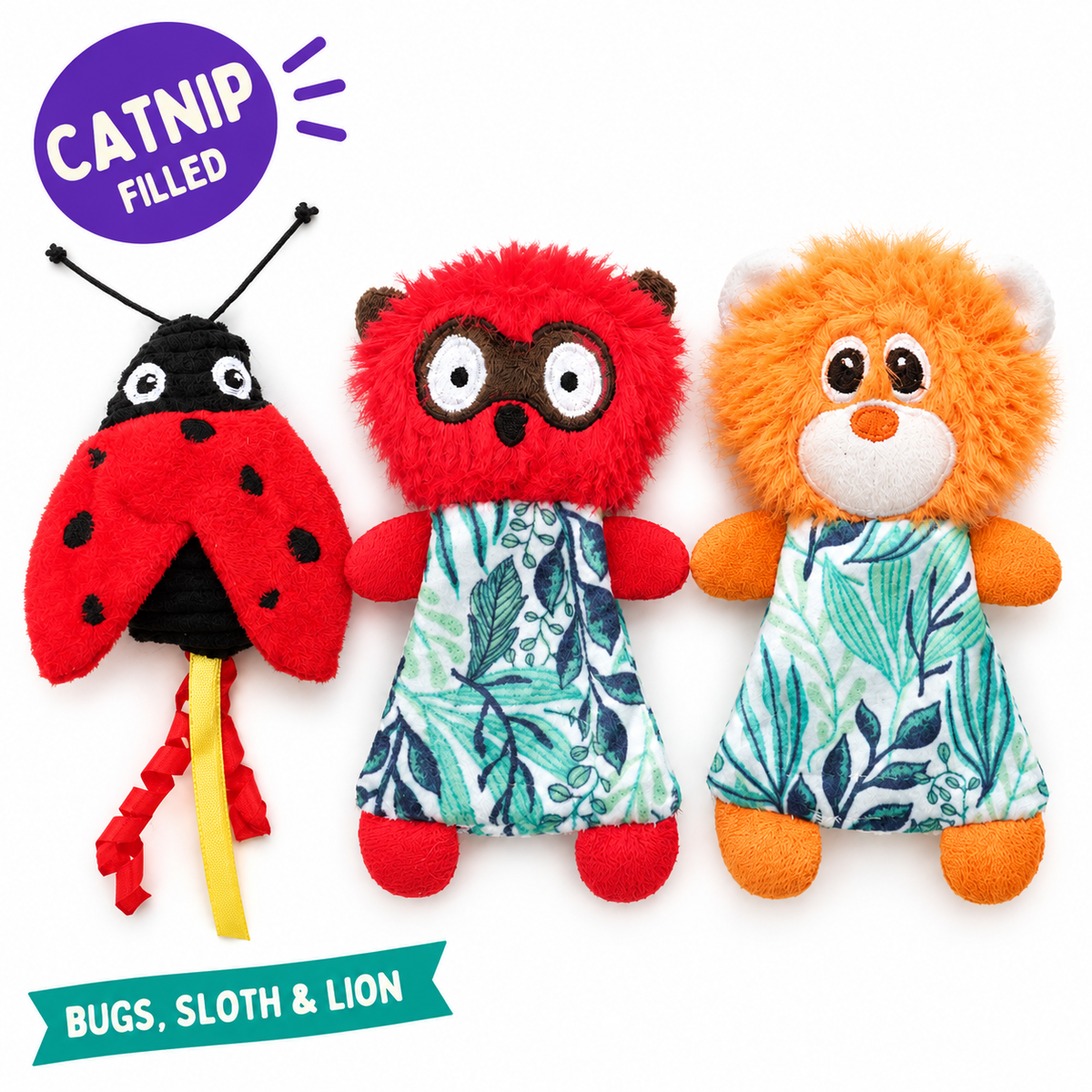LitterBond Tropical Leaf Catnip Critters: catnip filled, bugs, sloth & lion