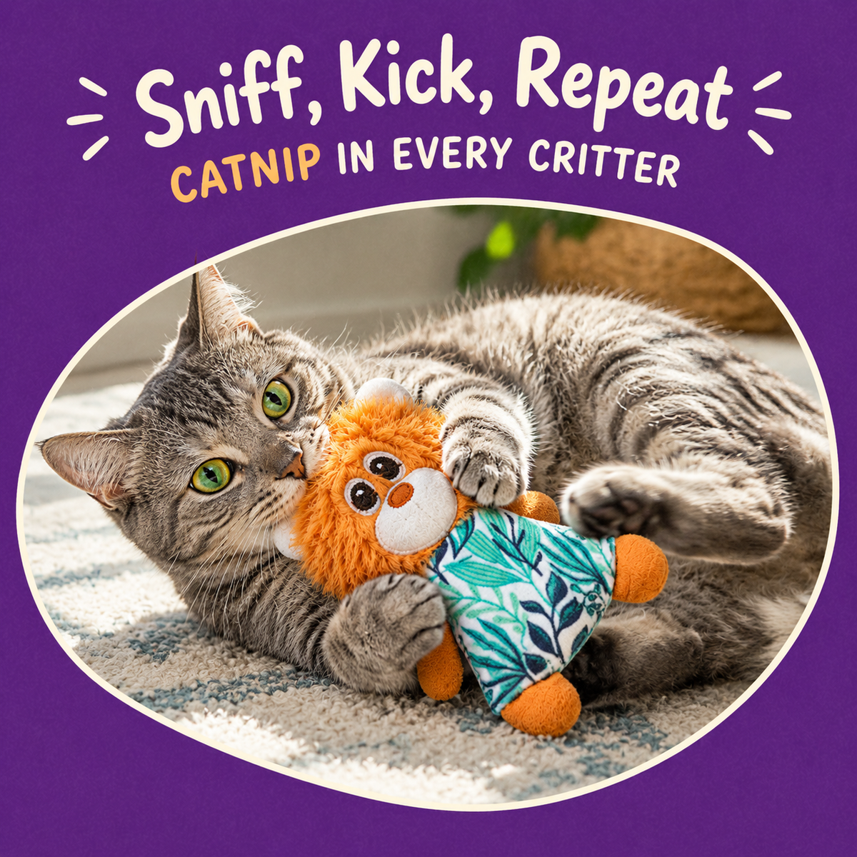 Cat playing with LitterBond Tropical Leaf Catnip Critters: Sniff, Kick, Repeat