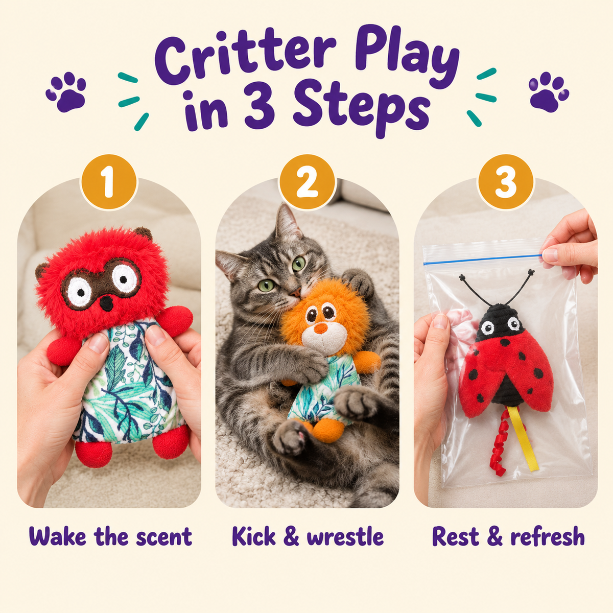 Critter Play in 3 Steps: how to play with LitterBond Tropical Leaf Catnip Critters