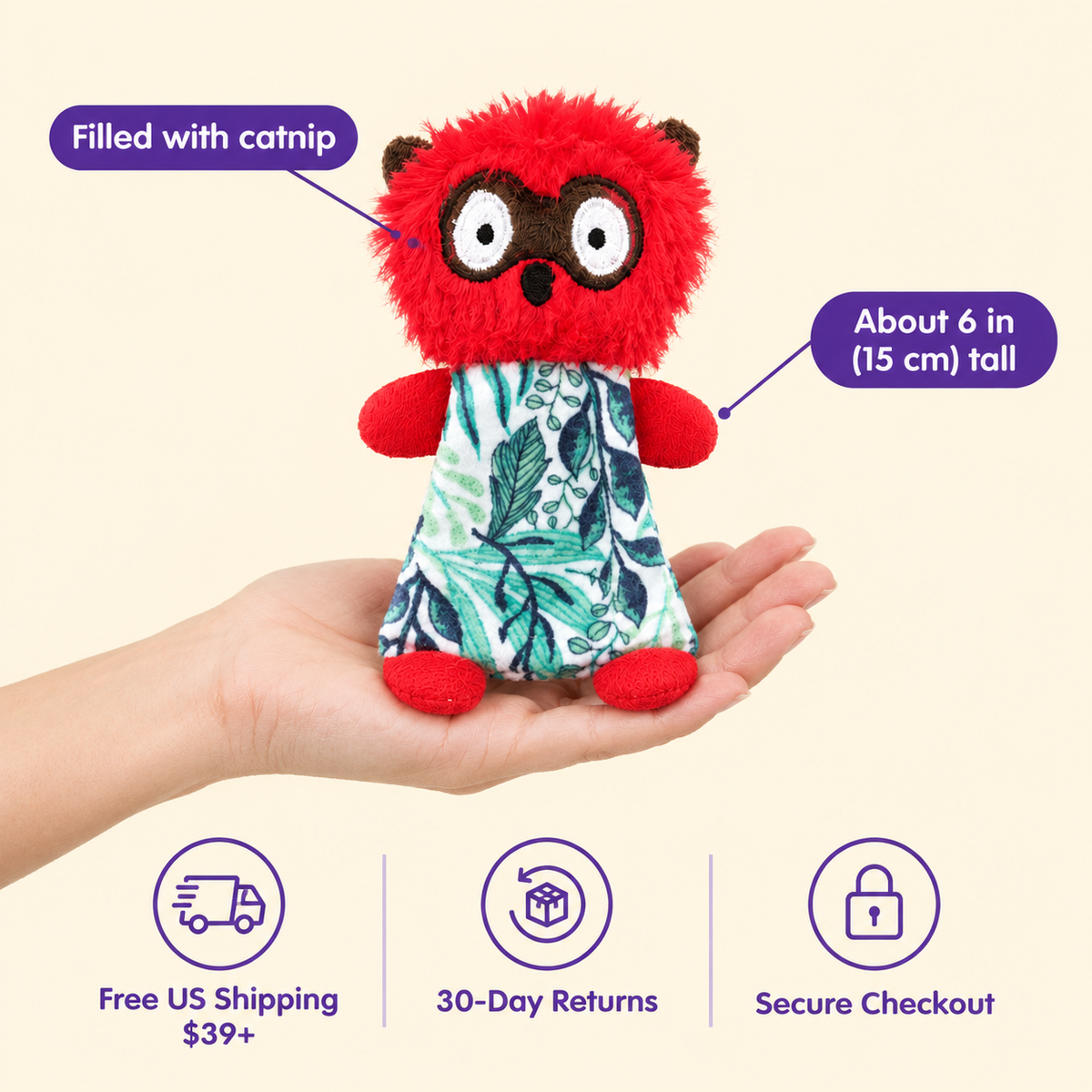 LitterBond Tropical Leaf Catnip Critters in hand: Filled with catnip; free US shipping on $39+, 30-day returns