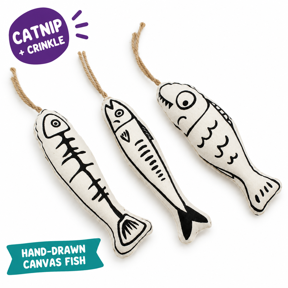 LitterBond Ink Sketch Catnip Fish: catnip + crinkle, hand-drawn canvas fish