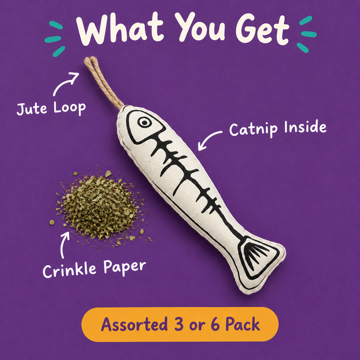 What You Get: LitterBond Ink Sketch Catnip Fish, catnip inside, crinkle paper, jute loop