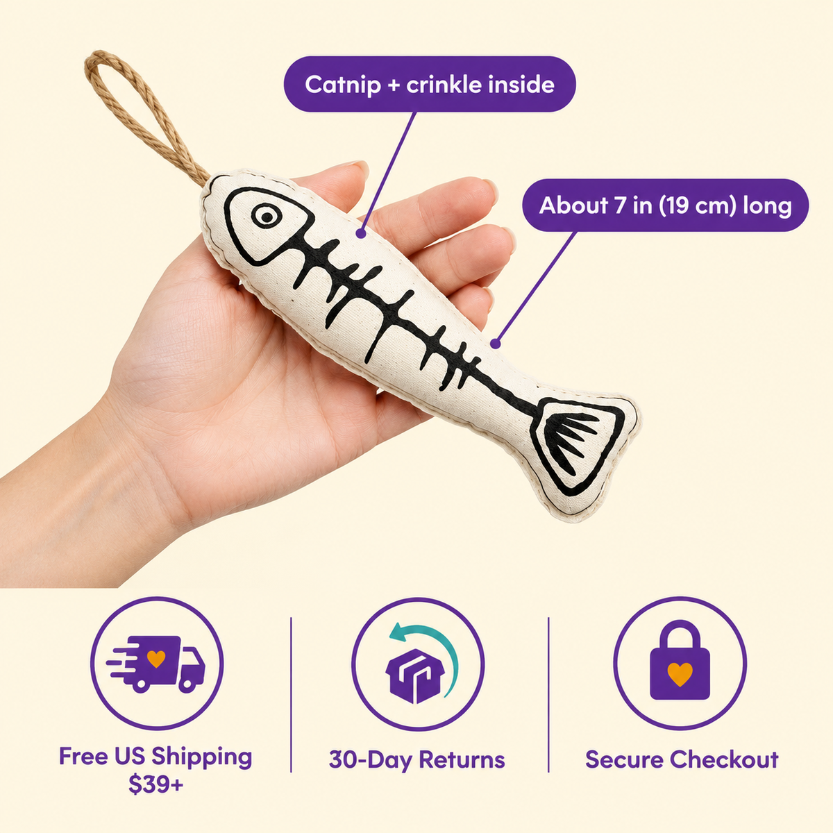 LitterBond Ink Sketch Catnip Fish in hand: Catnip + crinkle inside; free US shipping on $39+, 30-day returns