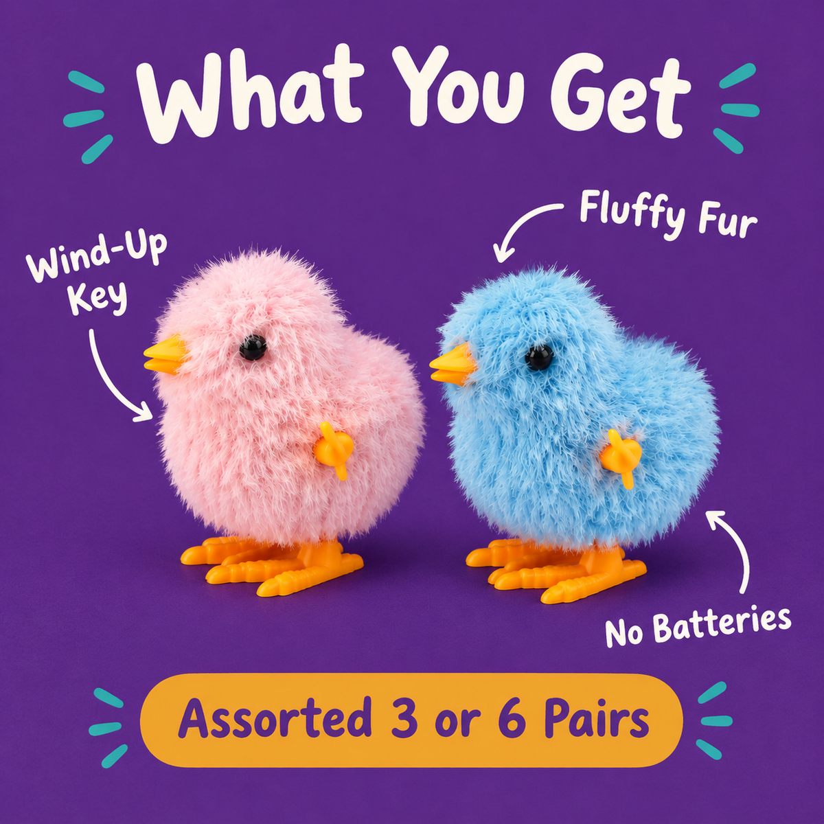 What You Get: LitterBond Fluffy Wind-Up Chicks, wind-up key, fluffy fur, no batteries