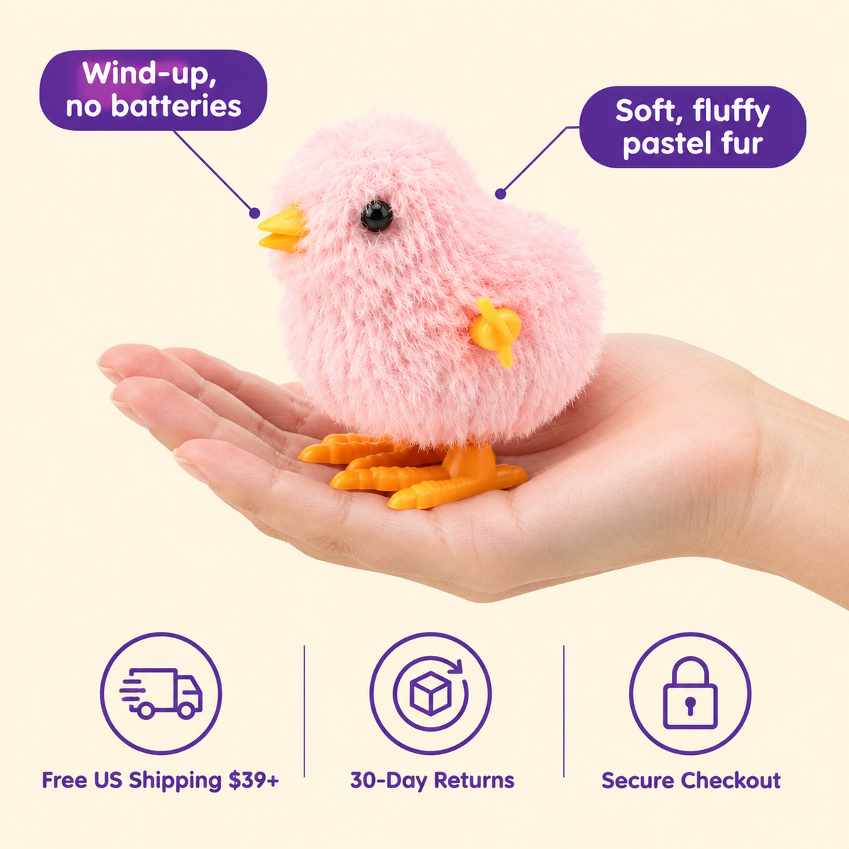 LitterBond Fluffy Wind-Up Chicks in hand: Wind-up, no batteries; free US shipping on $39+, 30-day returns