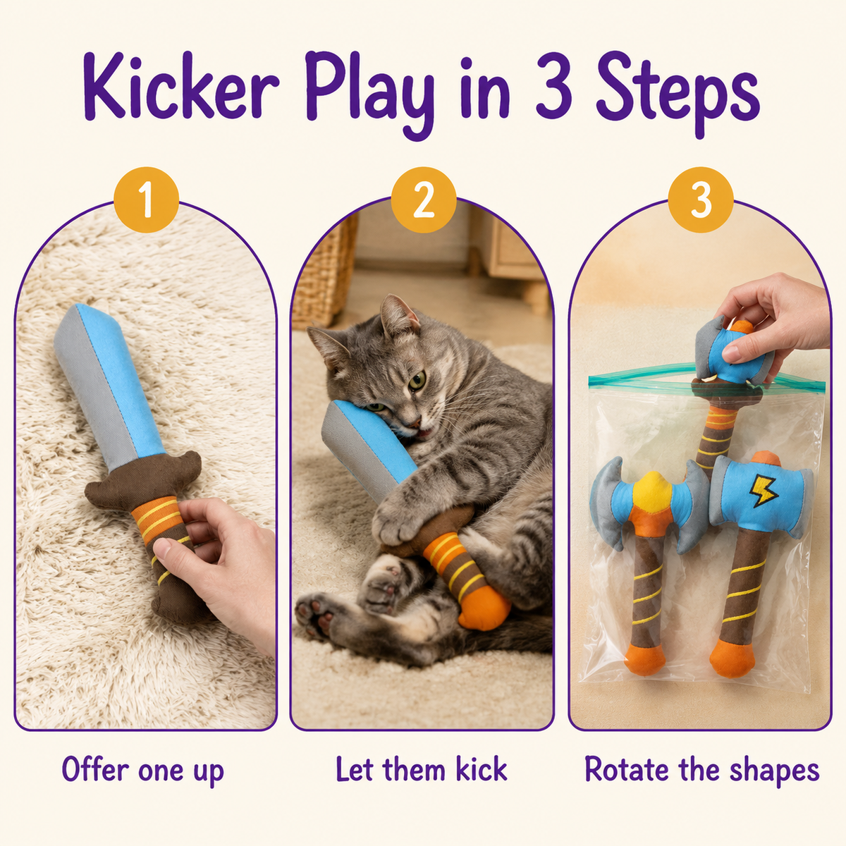 Kicker Play in 3 Steps: how to play with LitterBond Sword & Axe Catnip Kickers