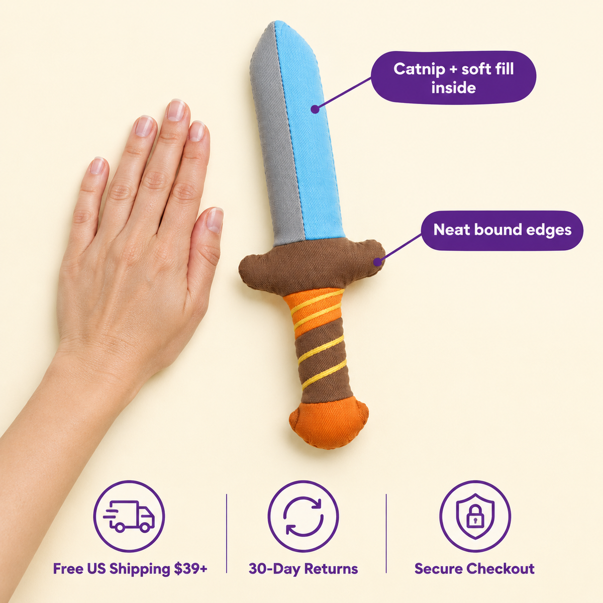 LitterBond Sword & Axe Catnip Kickers in hand: Catnip + soft fill inside; free US shipping on $39+, 30-day returns