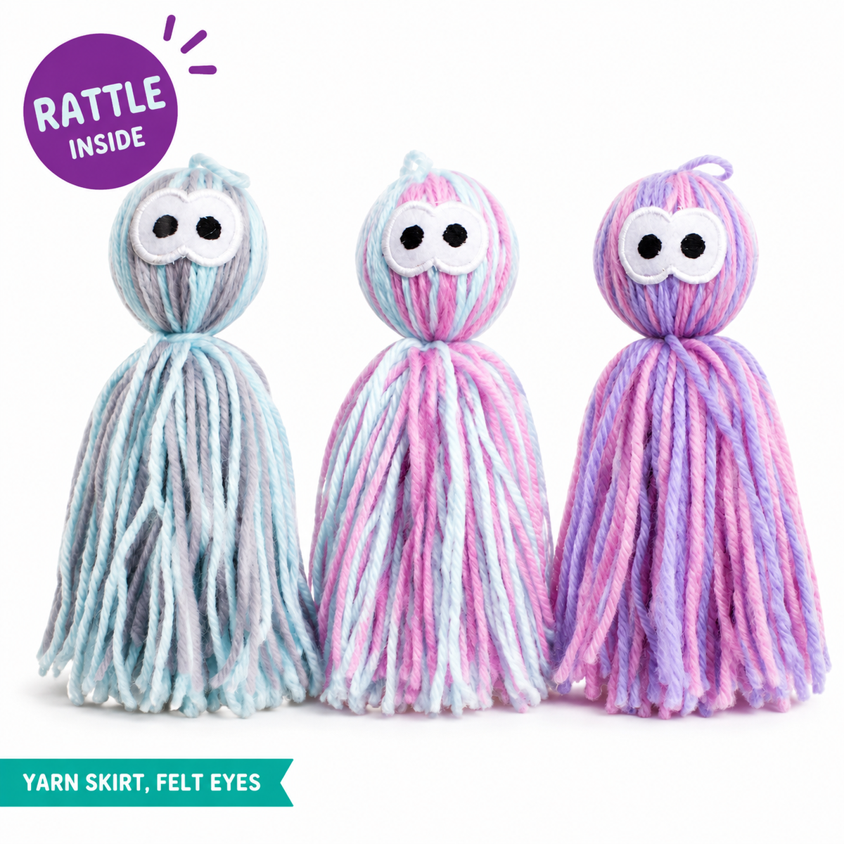 LitterBond Rattling Yarn Tassel Dolls: rattle inside, yarn skirt, felt eyes