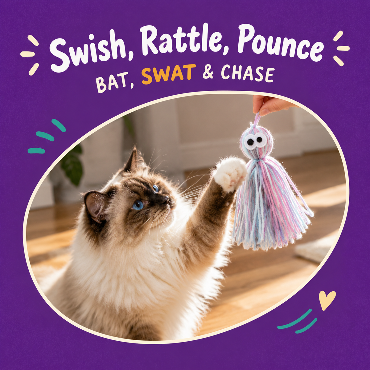 Cat playing with LitterBond Rattling Yarn Tassel Dolls: Swish, Rattle, Pounce