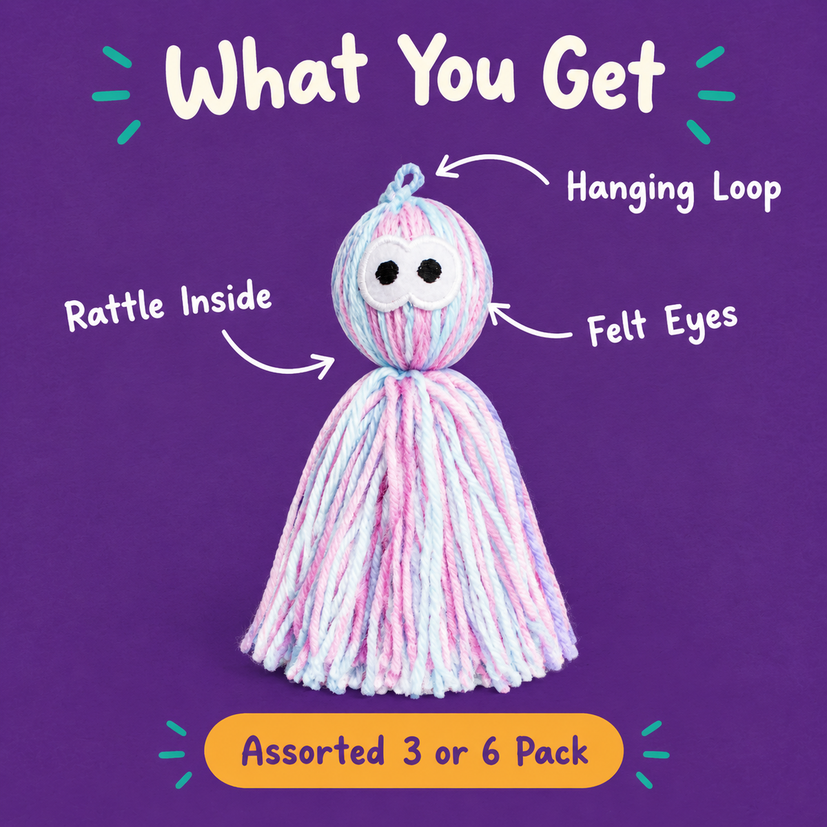 What You Get: LitterBond Rattling Yarn Tassel Dolls, rattle inside, felt eyes, hanging loop