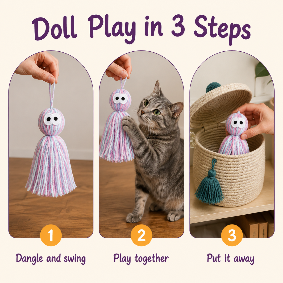 Doll Play in 3 Steps: how to play with LitterBond Rattling Yarn Tassel Dolls