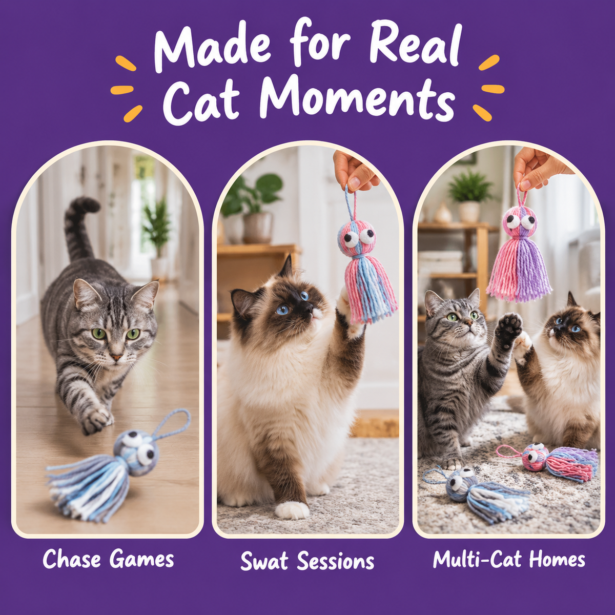 Real cat moments with LitterBond Rattling Yarn Tassel Dolls