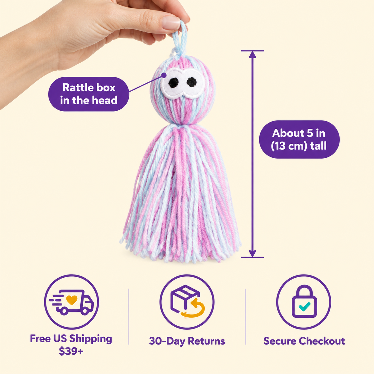 LitterBond Rattling Yarn Tassel Dolls in hand: Rattle box in the head; free US shipping on $39+, 30-day returns