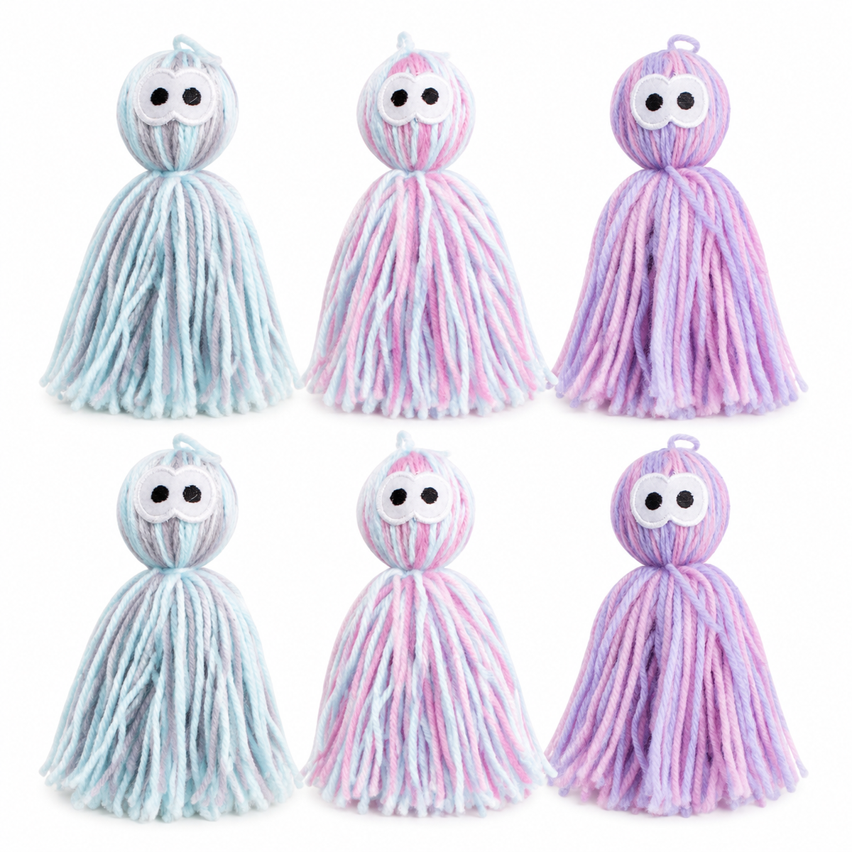 LitterBond Rattling Yarn Tassel Dolls, assorted 6-pack on a white background