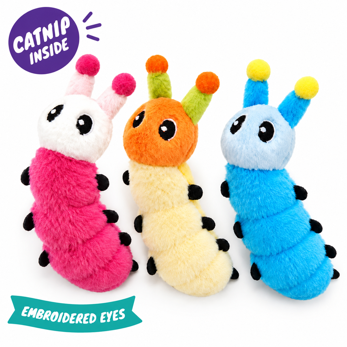 LitterBond Rainbow Catnip Caterpillars: catnip inside, embroidered eyes