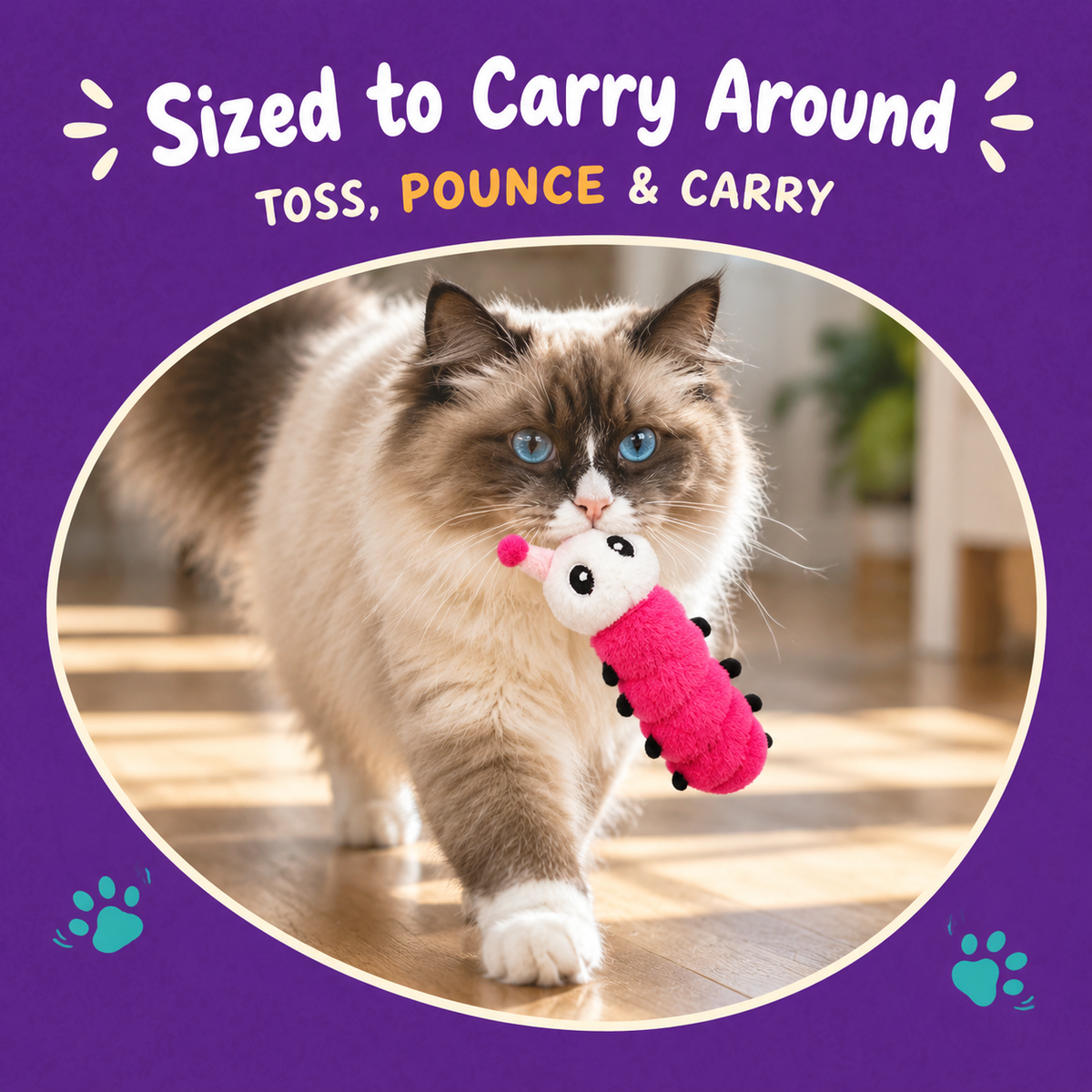 Cat playing with LitterBond Rainbow Catnip Caterpillars: Sized to Carry Around