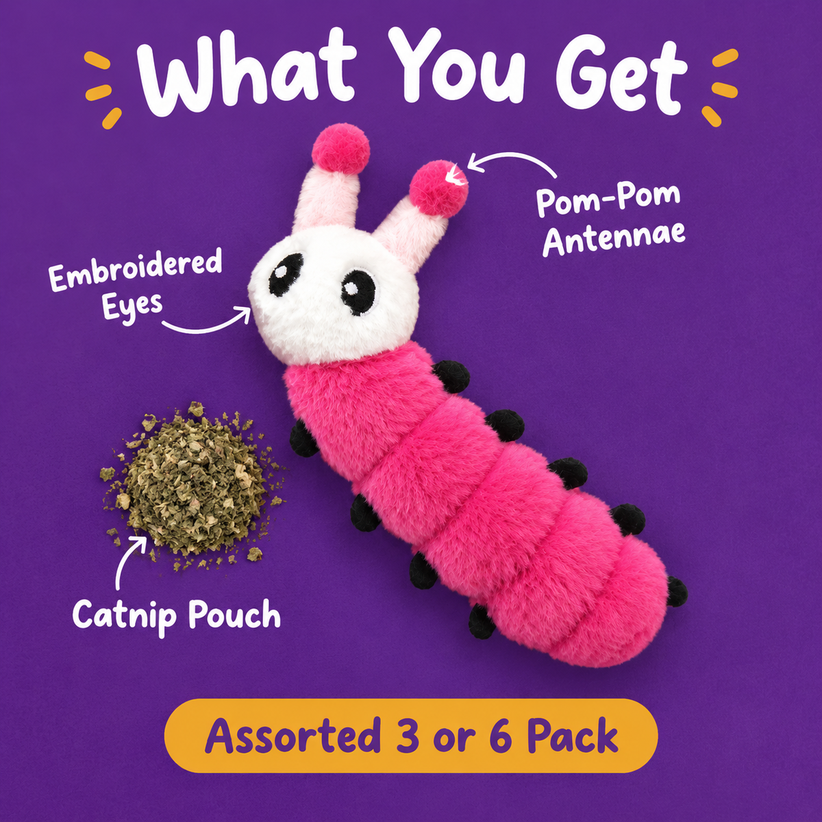 What You Get: LitterBond Rainbow Catnip Caterpillars, catnip pouch, embroidered eyes, pom-pom antennae