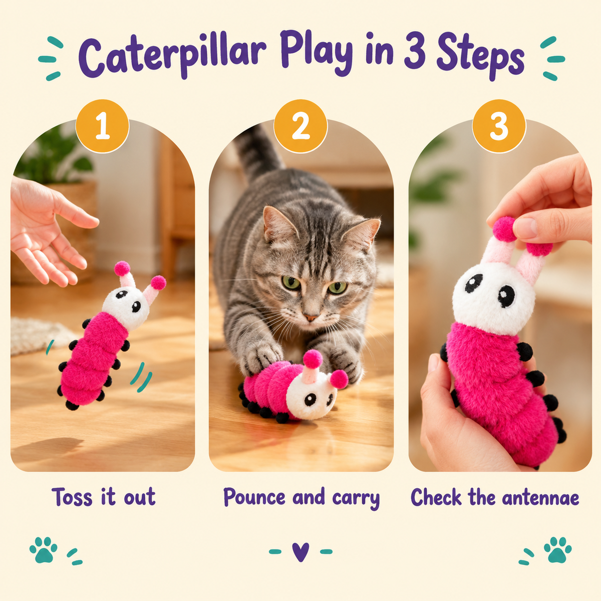 Caterpillar Play in 3 Steps: how to play with LitterBond Rainbow Catnip Caterpillars