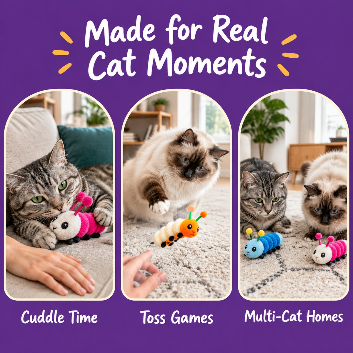 Real cat moments with LitterBond Rainbow Catnip Caterpillars