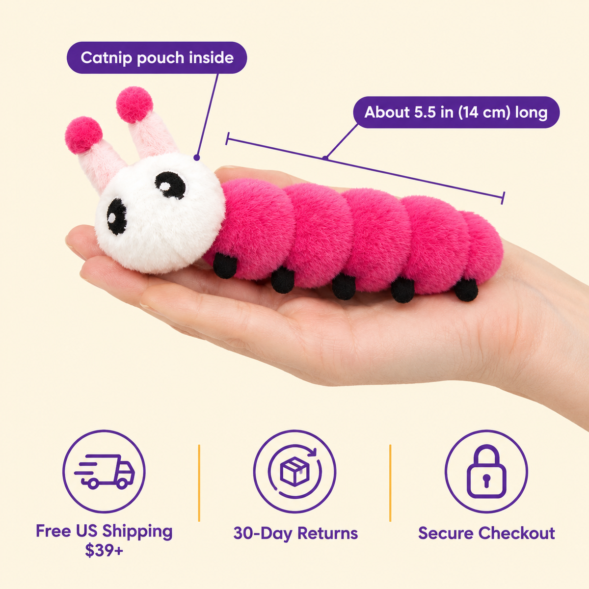 LitterBond Rainbow Catnip Caterpillars in hand: Catnip pouch inside; free US shipping on $39+, 30-day returns