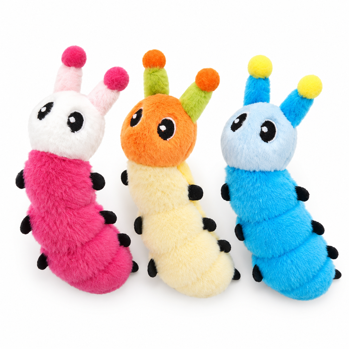 LitterBond Rainbow Catnip Caterpillars, assorted 3-pack on a white background