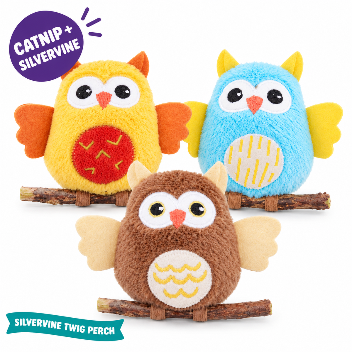 LitterBond Owls on Silvervine Perches: catnip + silvervine, silvervine twig perch