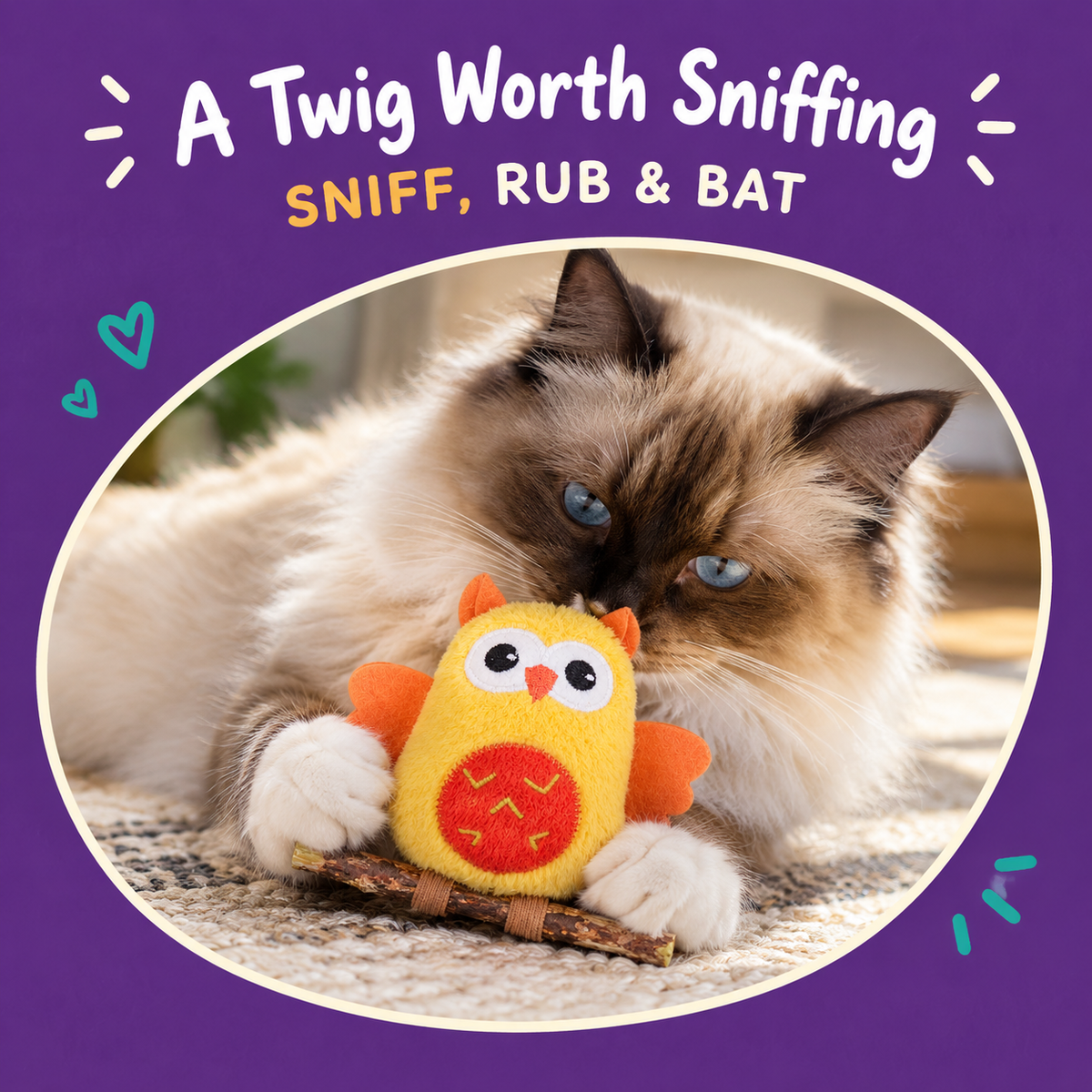 Cat playing with LitterBond Owls on Silvervine Perches: A Twig Worth Sniffing