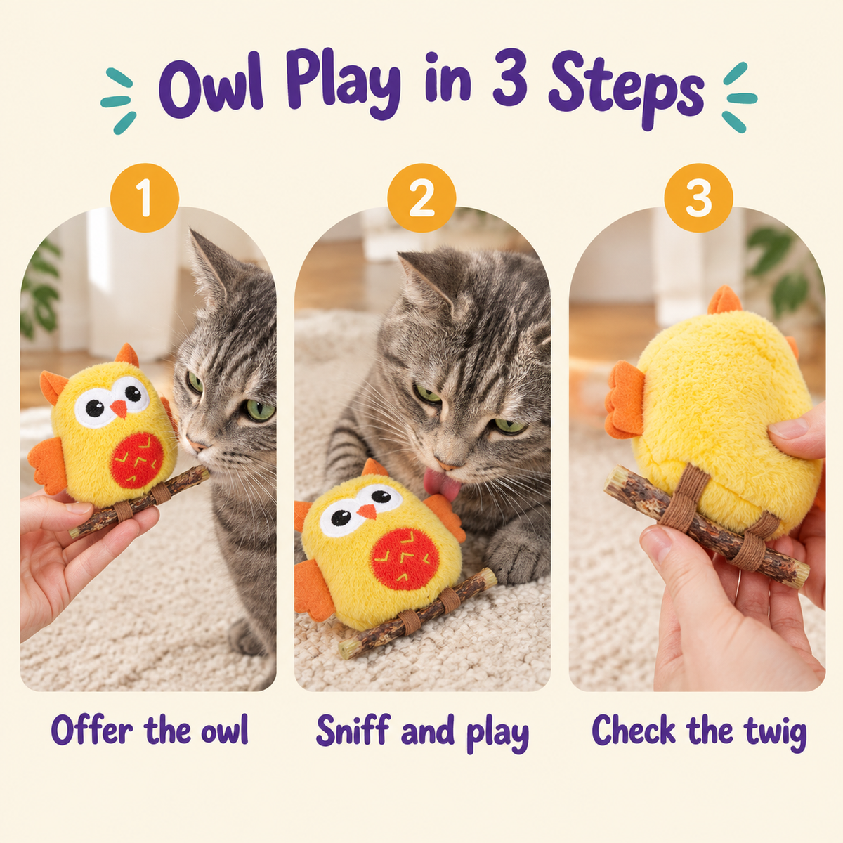 Owl Play in 3 Steps: how to play with LitterBond Owls on Silvervine Perches