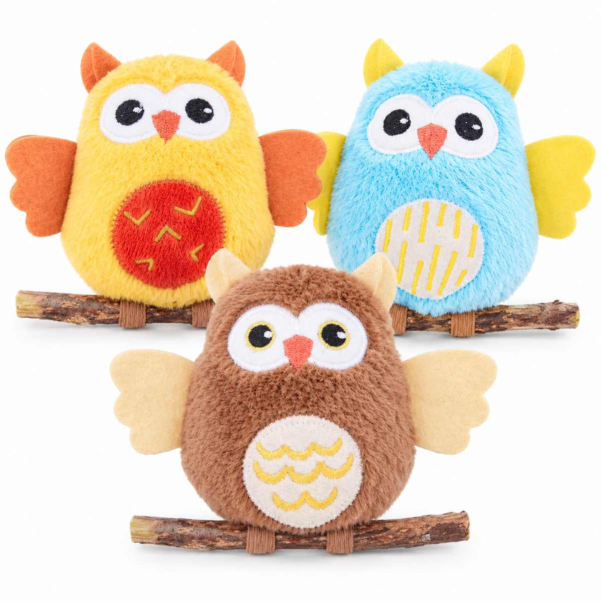 LitterBond Owls on Silvervine Perches, assorted 3-pack on a white background