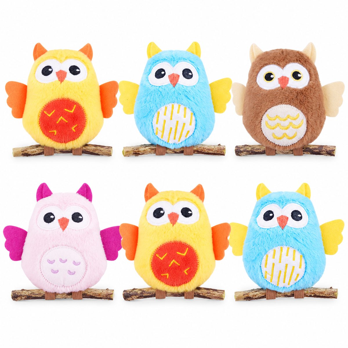 LitterBond Owls on Silvervine Perches, assorted 6-pack on a white background