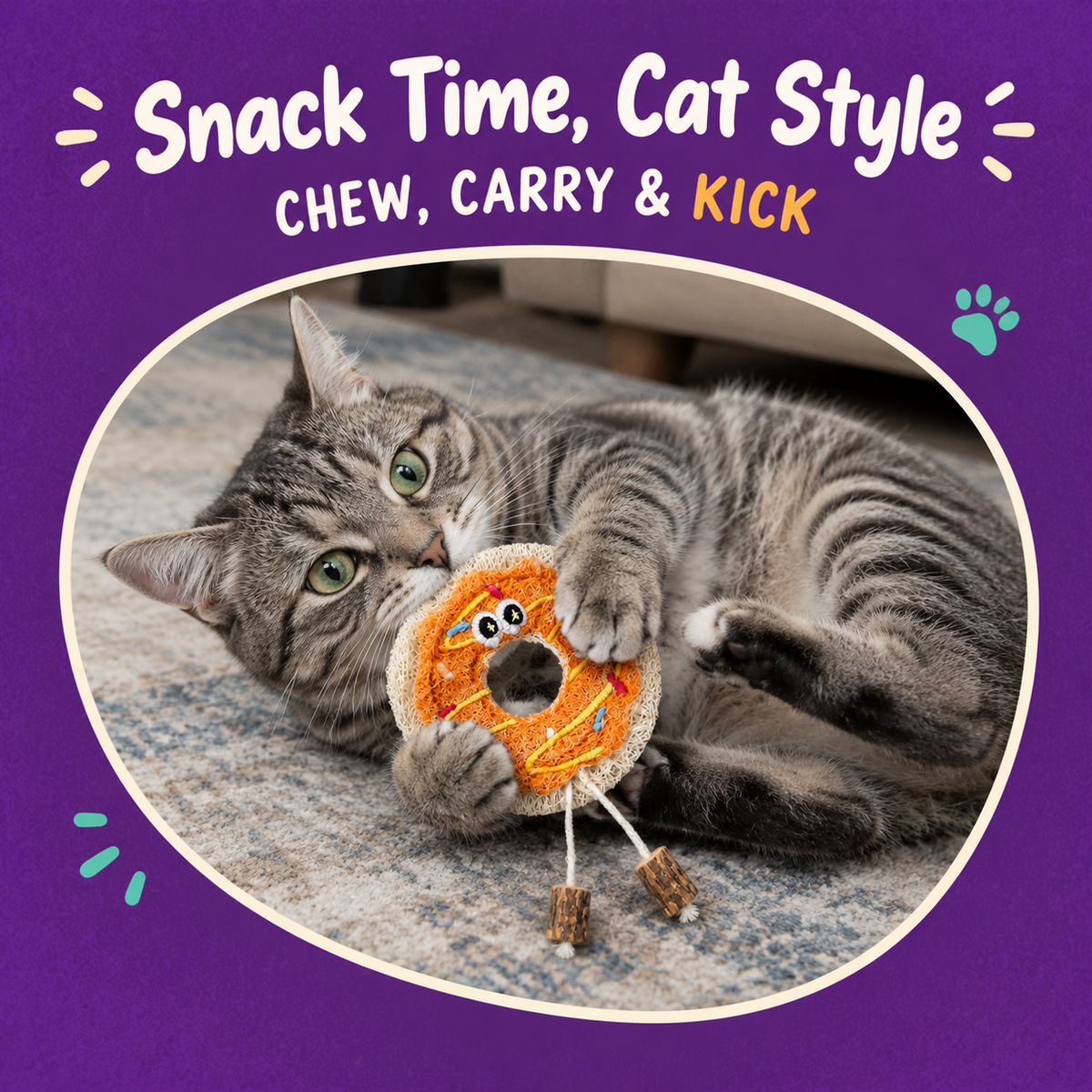 LitterBond Loofah Donut & Pizza Chews - in use with a cat