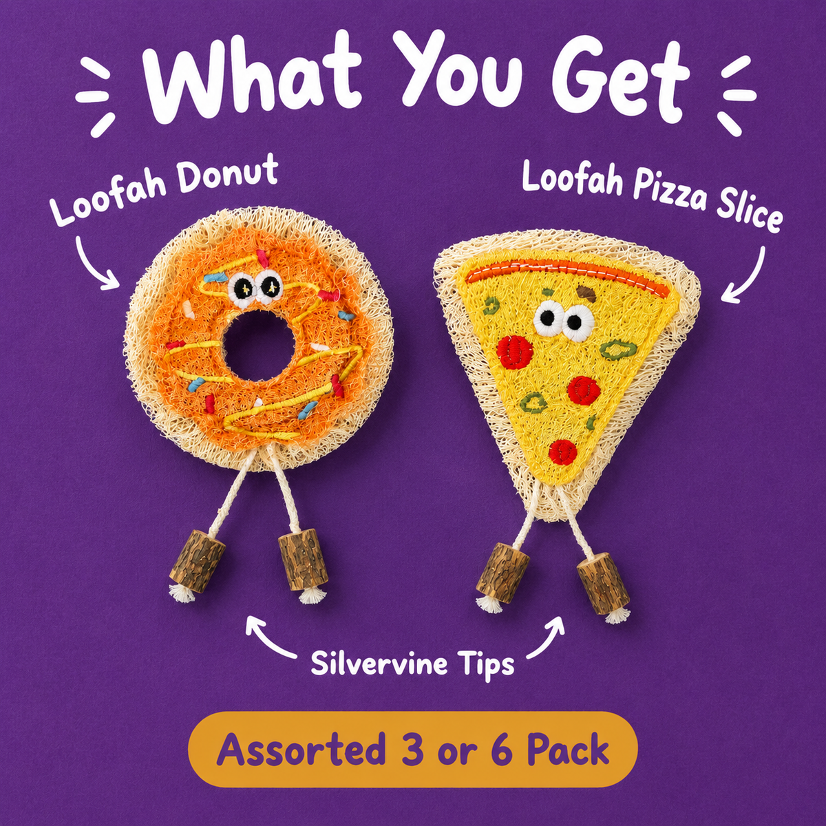 LitterBond Loofah Donut & Pizza Chews - what you get