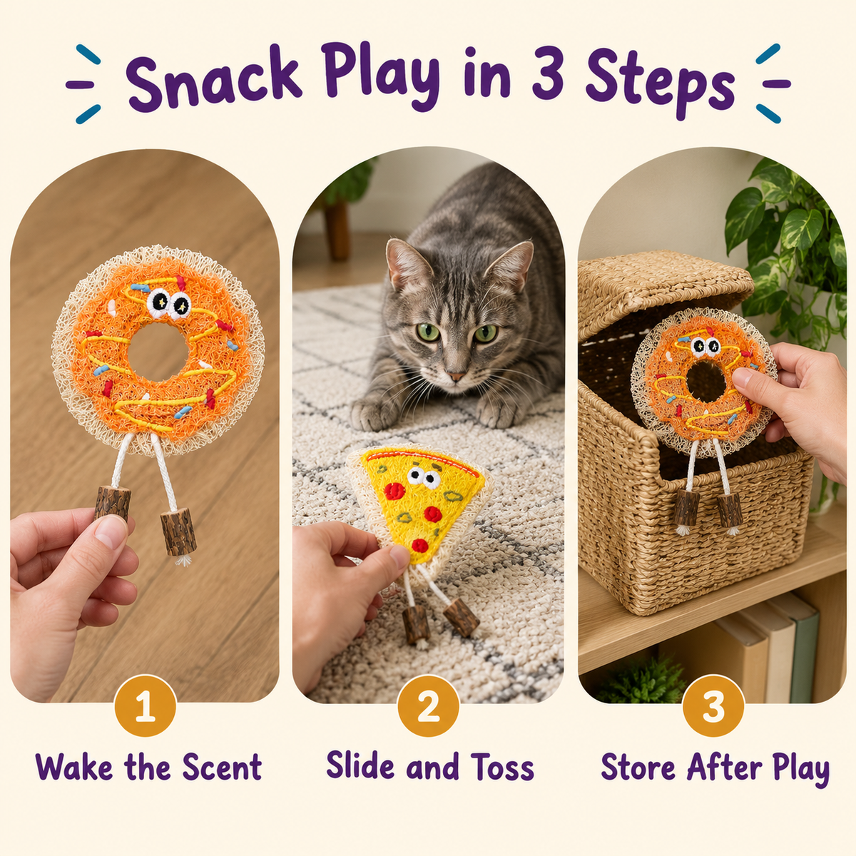 LitterBond Loofah Donut & Pizza Chews - how to use in 3 steps