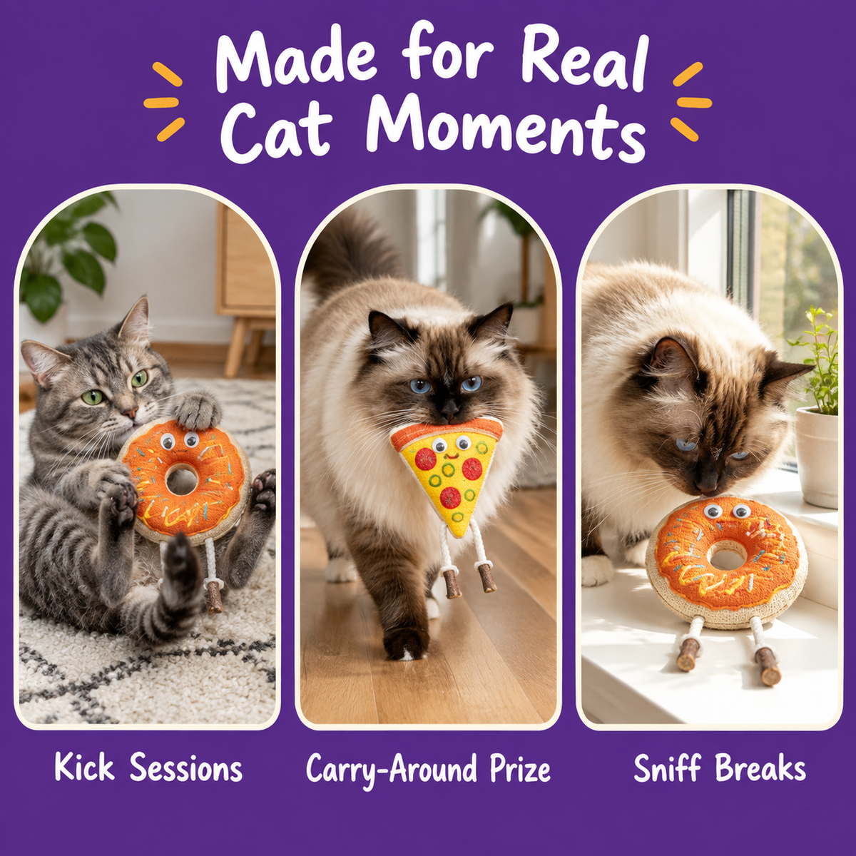 LitterBond Loofah Donut & Pizza Chews - real cat moments