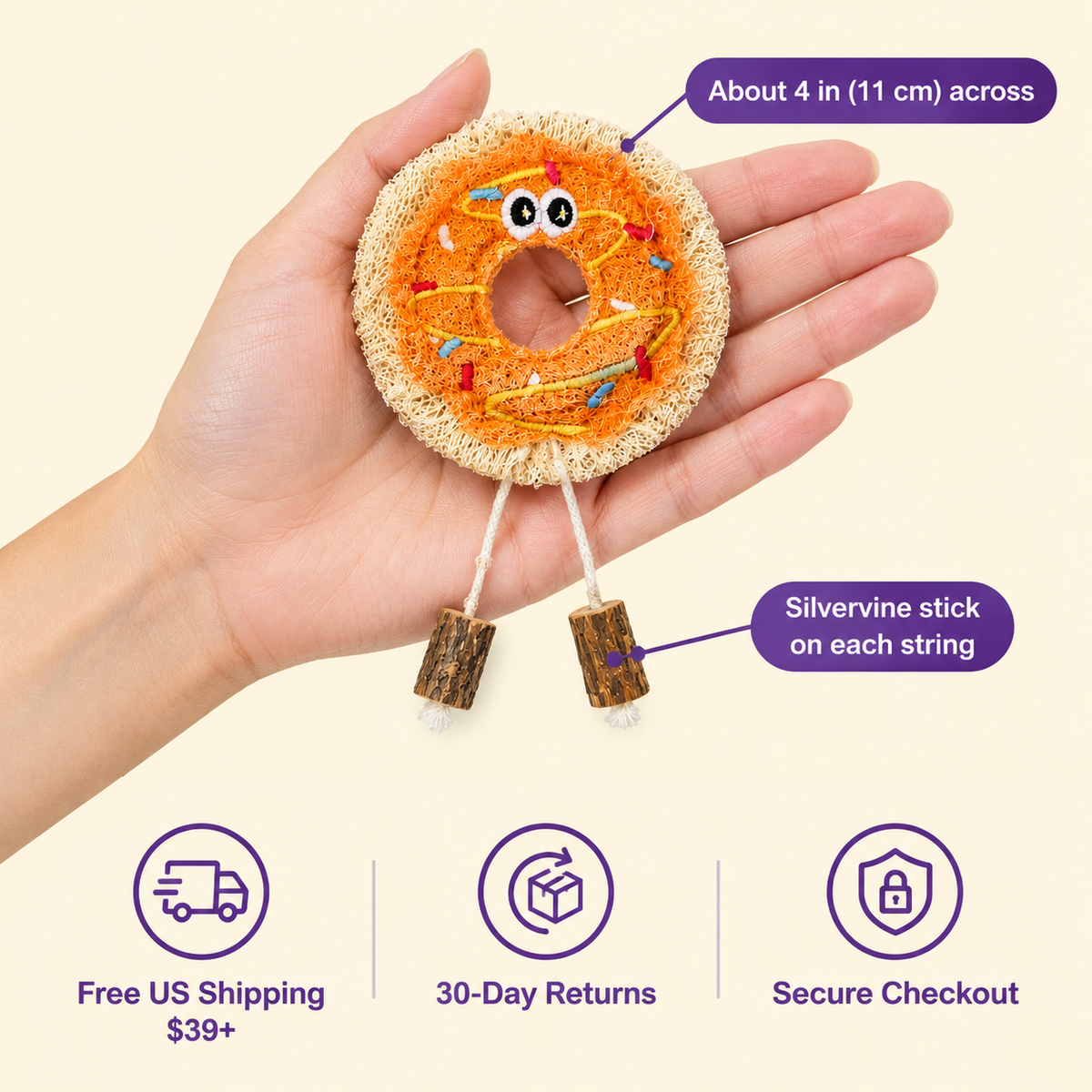 LitterBond Loofah Donut & Pizza Chews - size and details