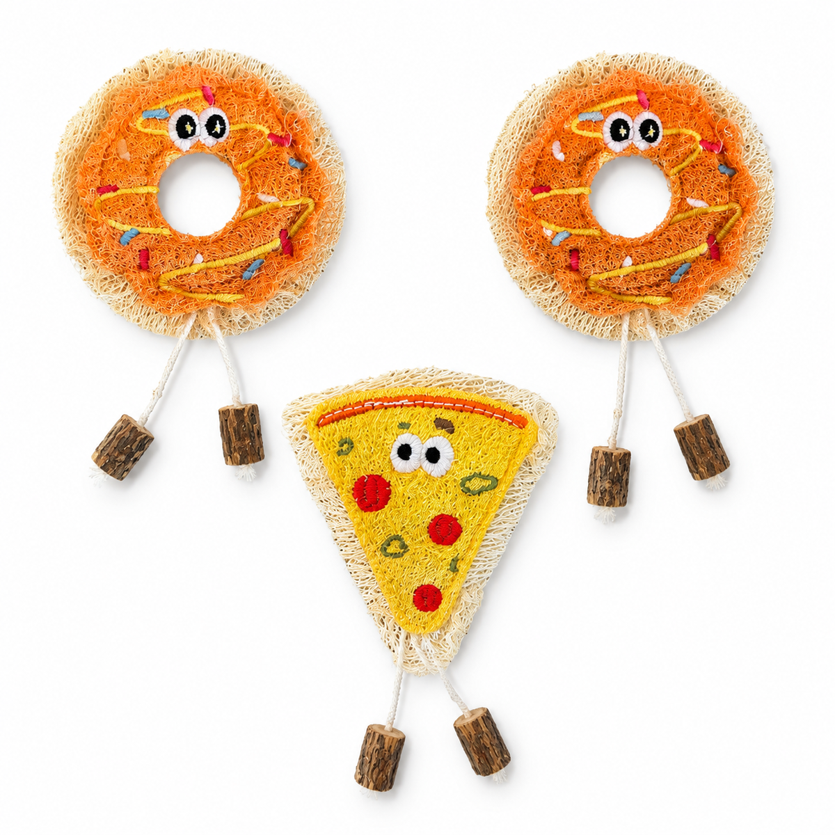 LitterBond Loofah Donut & Pizza Chews on white background