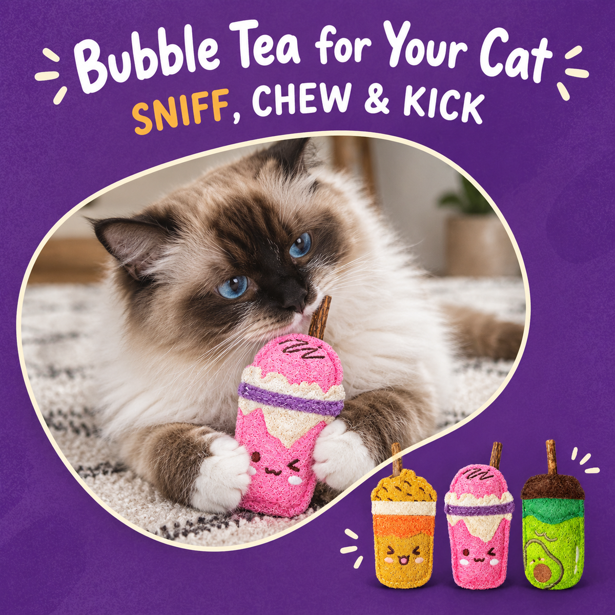 LitterBond Bubble Tea Loofah Chews - in use with a cat