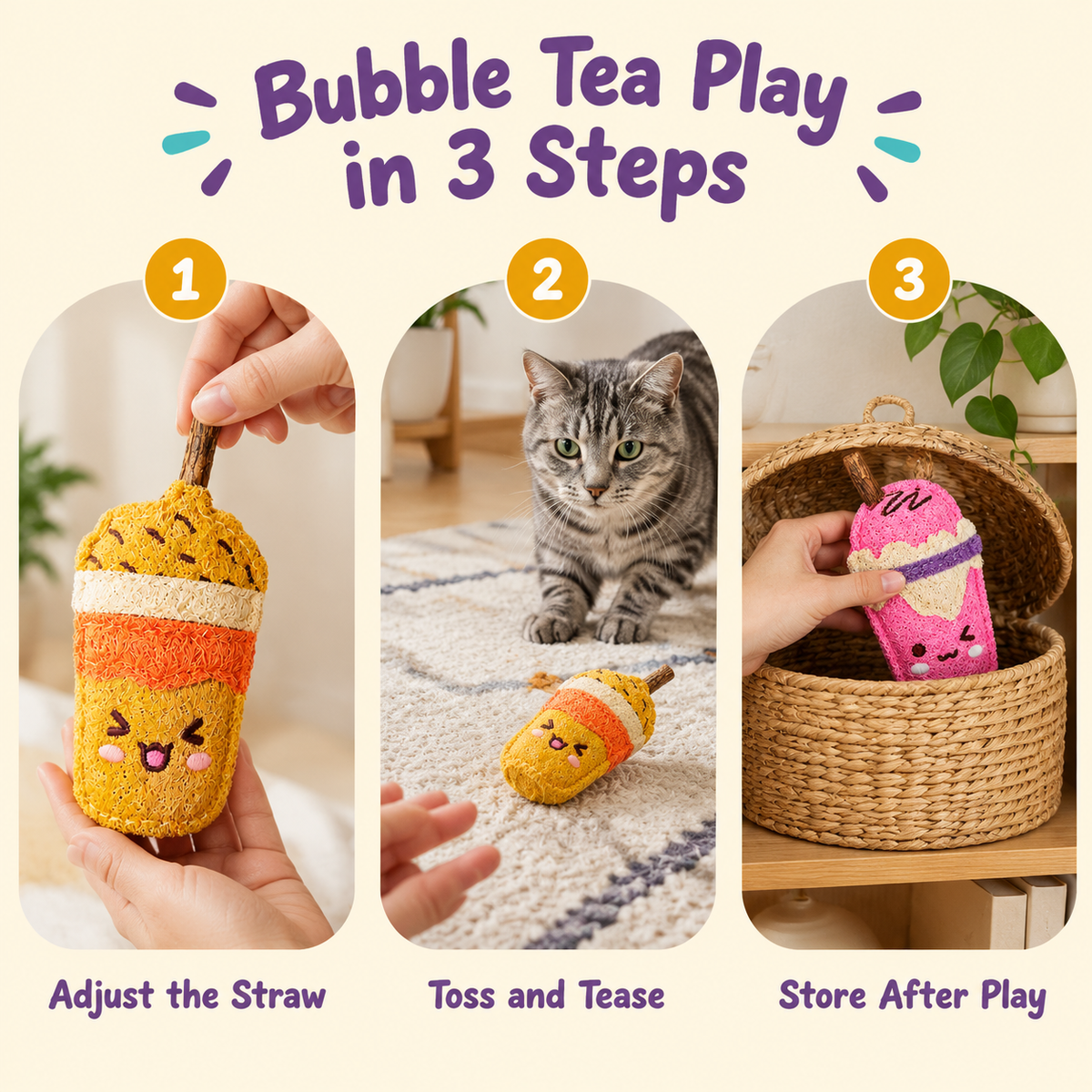 LitterBond Bubble Tea Loofah Chews - how to use in 3 steps