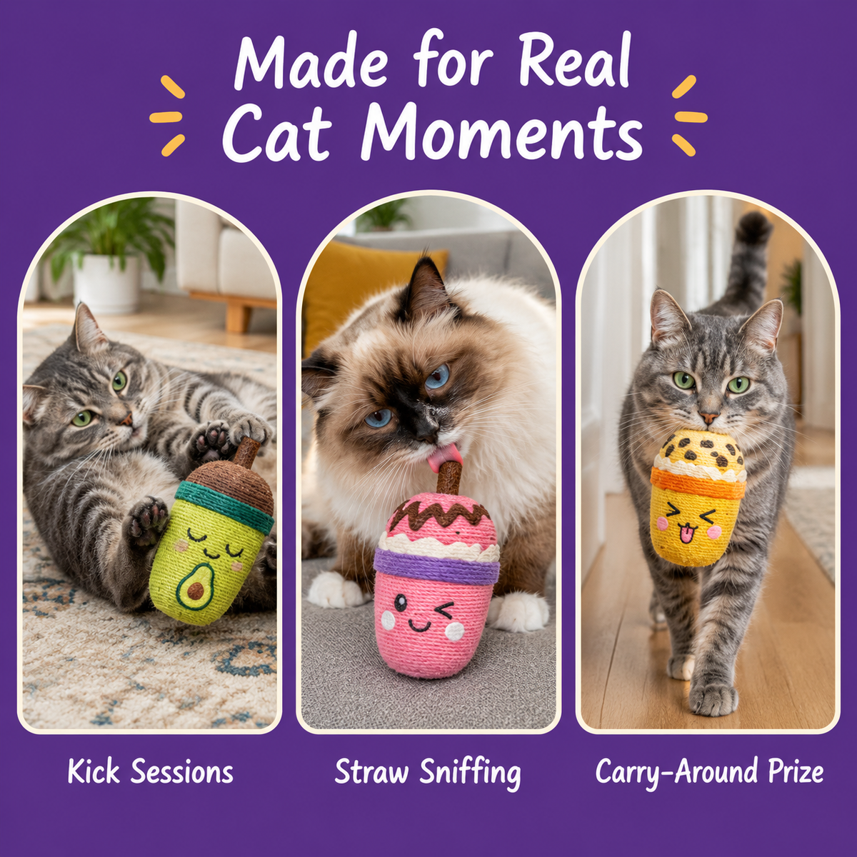 LitterBond Bubble Tea Loofah Chews - real cat moments