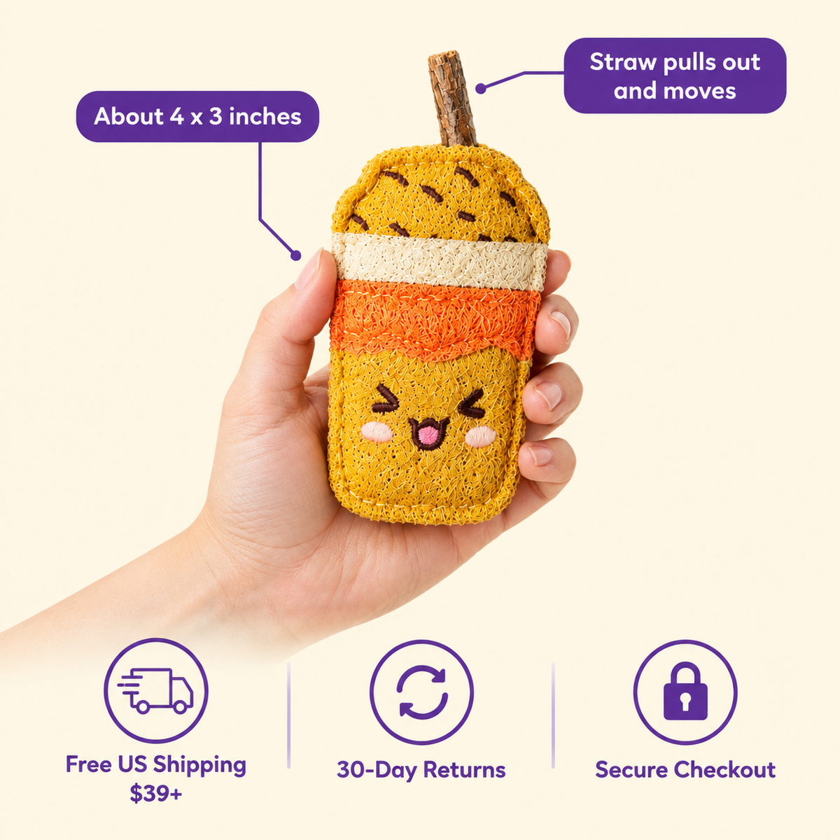 LitterBond Bubble Tea Loofah Chews - size and details