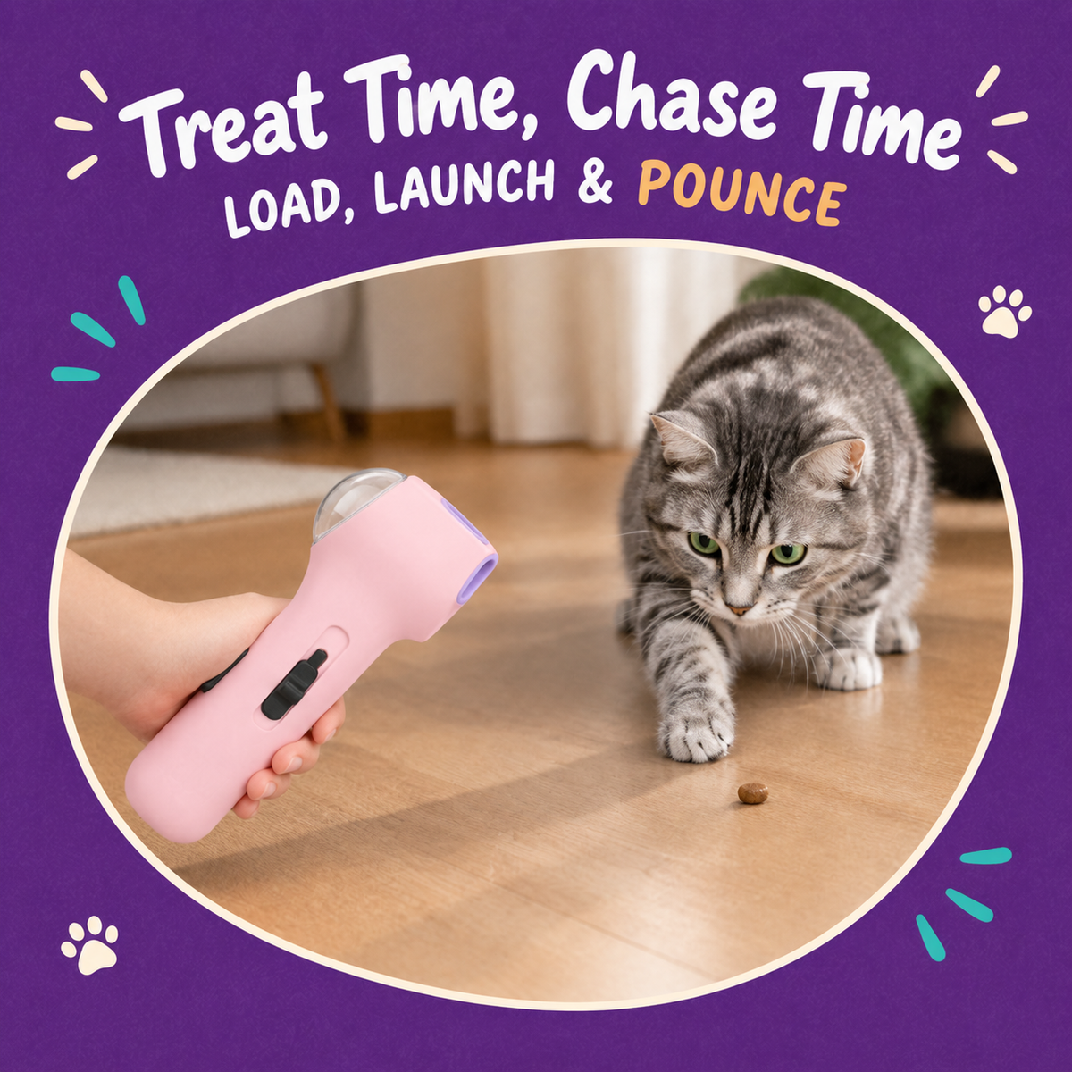 LitterBond Pastel Pocket Treat Launcher - in use with a cat