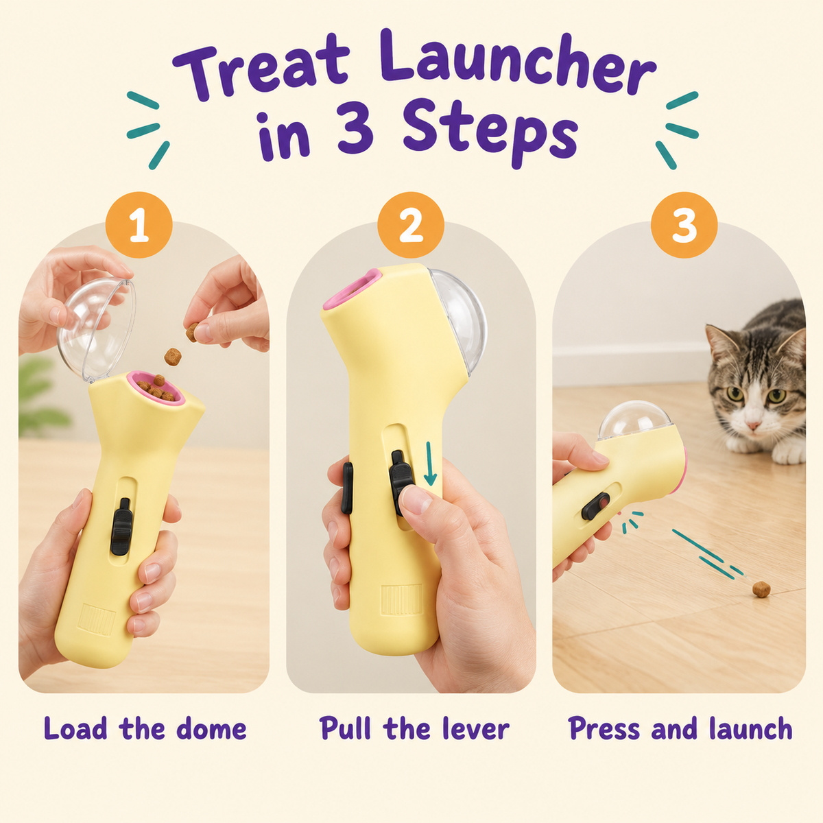 LitterBond Pastel Pocket Treat Launcher - how to use in 3 steps