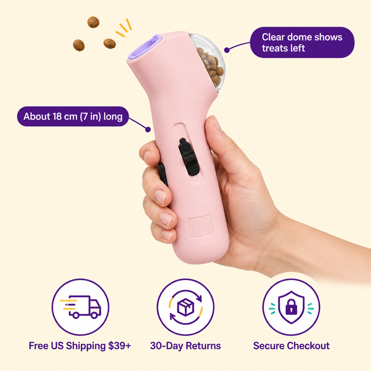LitterBond Pastel Pocket Treat Launcher - size and details