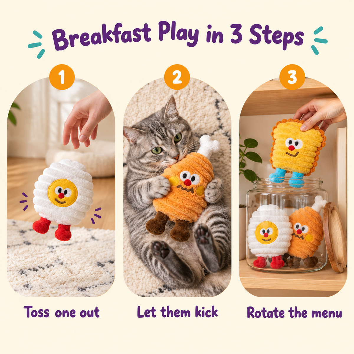 LitterBond Breakfast Buddy Catnip Plushies - how to use in 3 steps