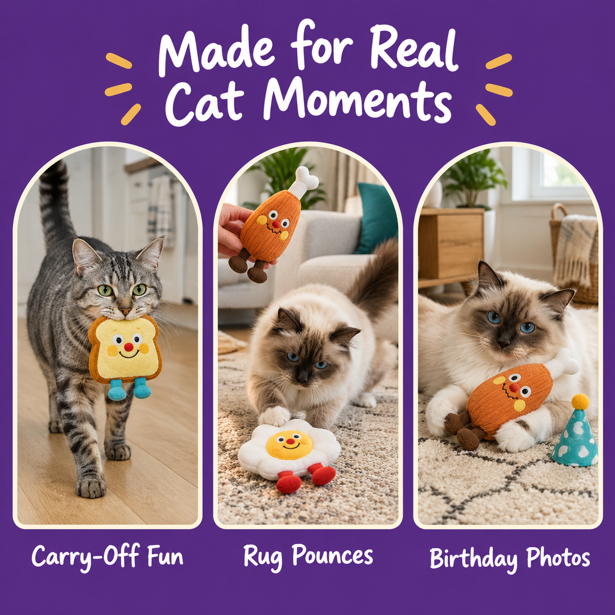LitterBond Breakfast Buddy Catnip Plushies - real cat moments