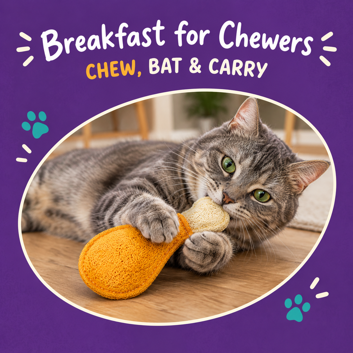 LitterBond Loofah Breakfast Silvervine Chews - in use with a cat