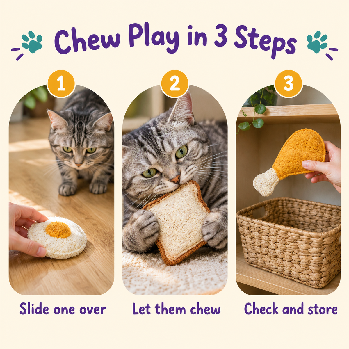 LitterBond Loofah Breakfast Silvervine Chews - how to use in 3 steps