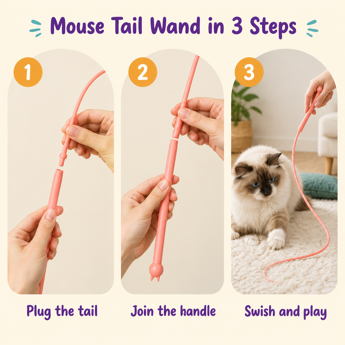 LitterBond Whippy Mouse Tail Wand - how to use in 3 steps